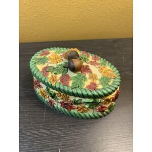 Fall Themed‎ Oval Trinket Box Acorns Trees Leaves 2" X 4"